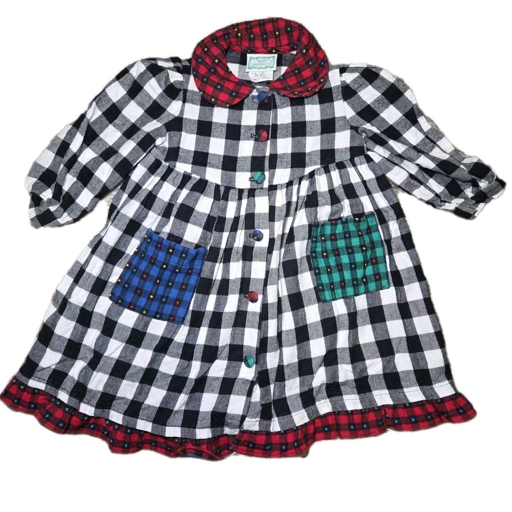 Vintage Kate Greenaway 2T Gingham Patchwork Dress Colorful Buttons Pockets